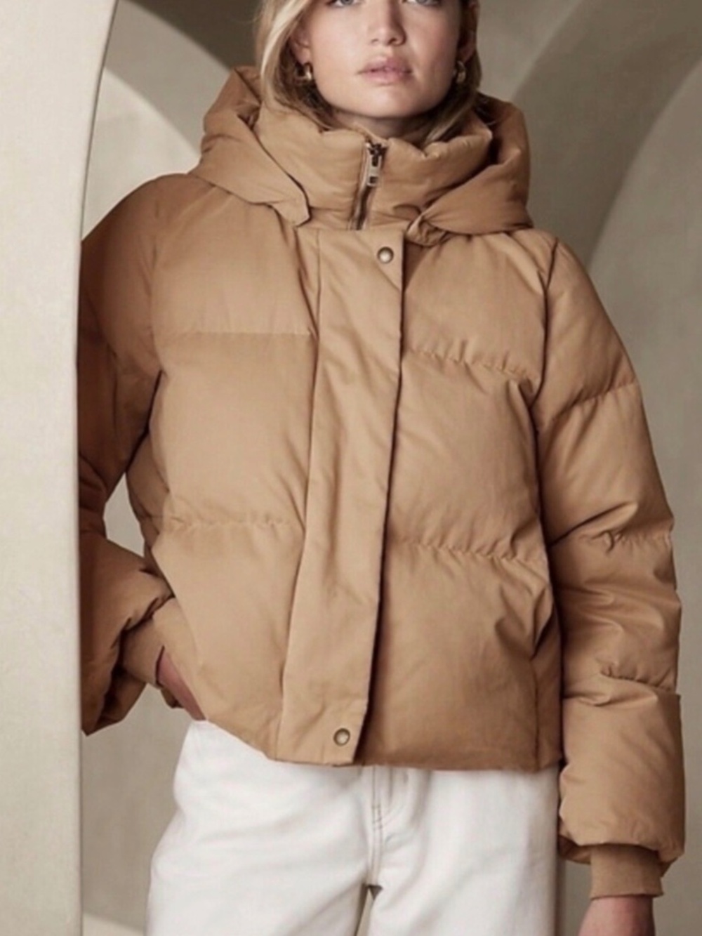 Banana Republic Goose Down Tan Jacket with detachable hood